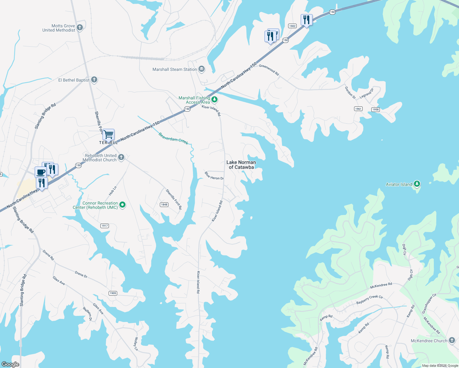 map of restaurants, bars, coffee shops, grocery stores, and more near 8688 Peninsula Drive in Lake Norman of Catawba