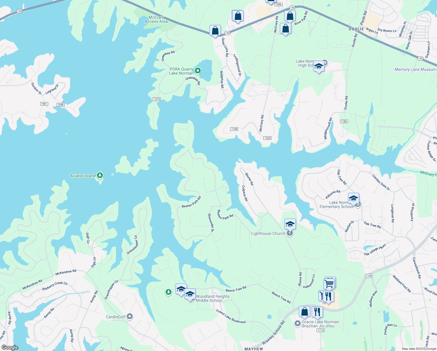 map of restaurants, bars, coffee shops, grocery stores, and more near 320 Beaten Path Road in Mooresville