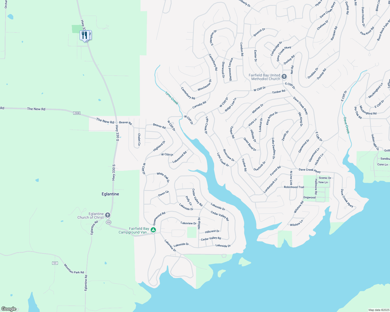 map of restaurants, bars, coffee shops, grocery stores, and more near 122 Meadowcliff Circle in Fairfield Bay