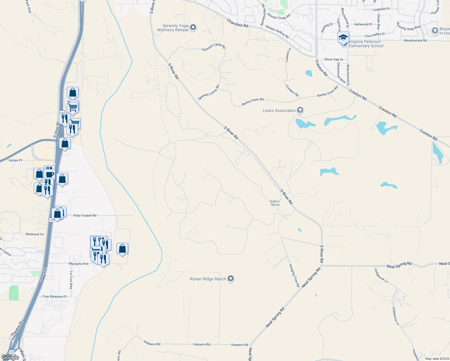 map of restaurants, bars, coffee shops, grocery stores, and more near 2370 Battering Rock Road in Templeton