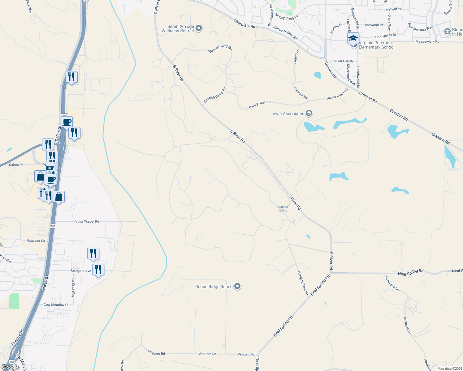 map of restaurants, bars, coffee shops, grocery stores, and more near 2370 Battering Rock Road in Templeton