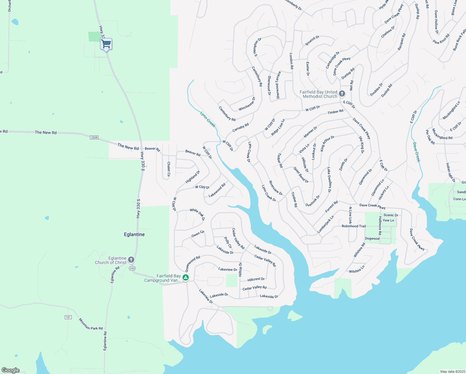 map of restaurants, bars, coffee shops, grocery stores, and more near 122 Meadowcliff Circle in Fairfield Bay