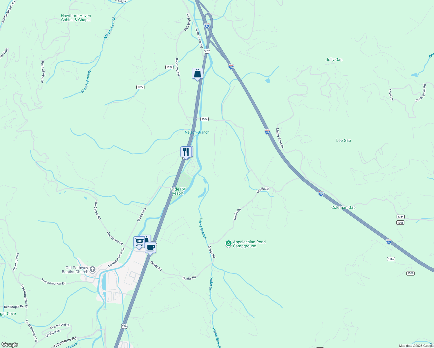 map of restaurants, bars, coffee shops, grocery stores, and more near 472 Shady Ridge Road in Waynesville