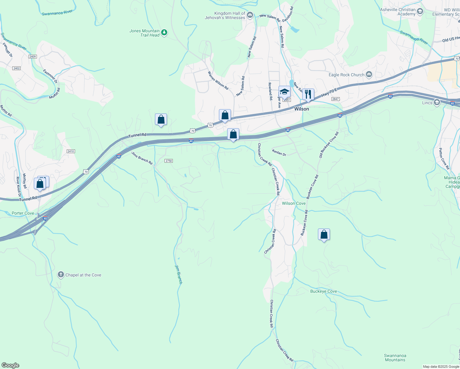 map of restaurants, bars, coffee shops, grocery stores, and more near 99999 Buckeye Access Road in Swannanoa