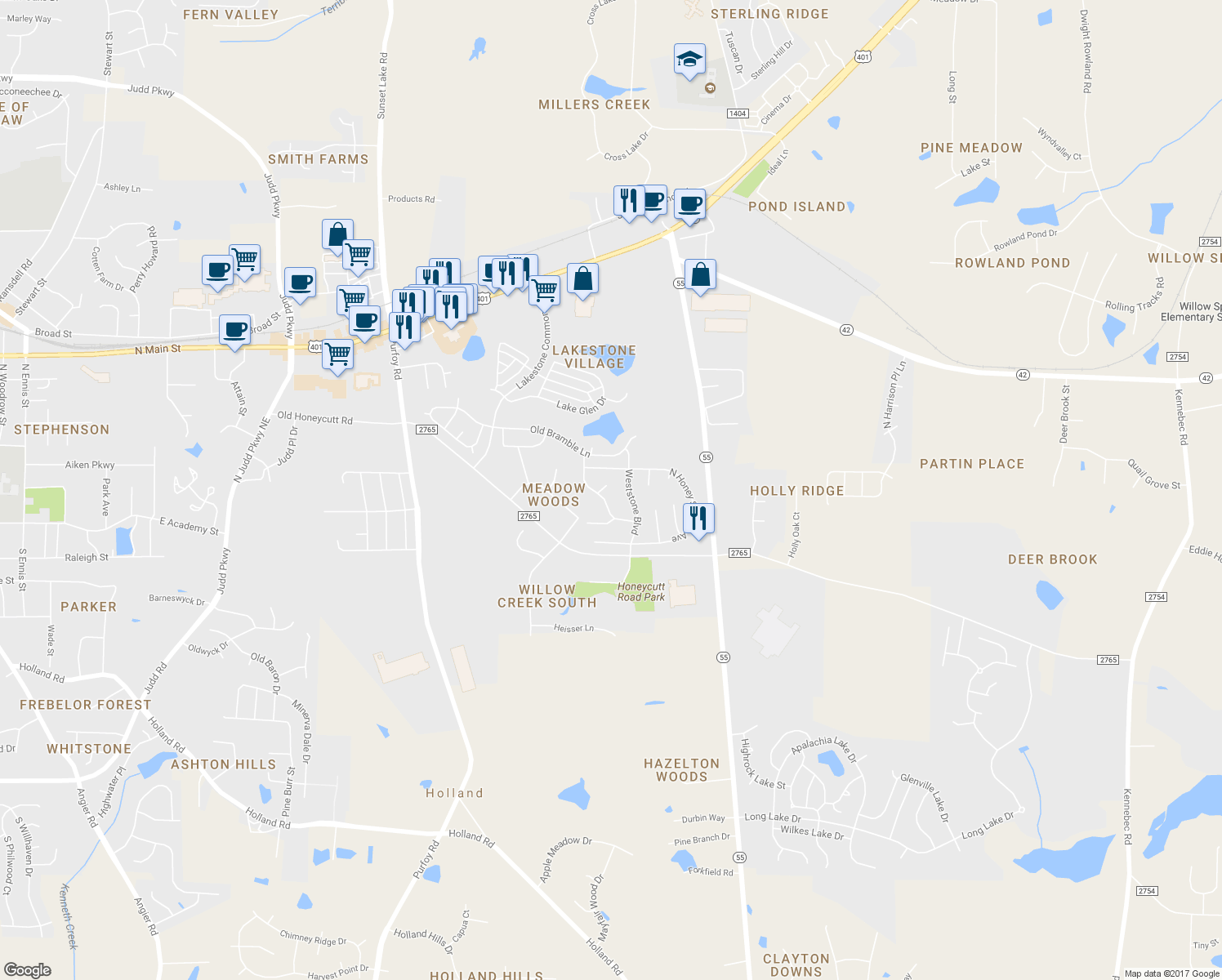 map of restaurants, bars, coffee shops, grocery stores, and more near 1768 Whitbrook Court in Fuquay Varina