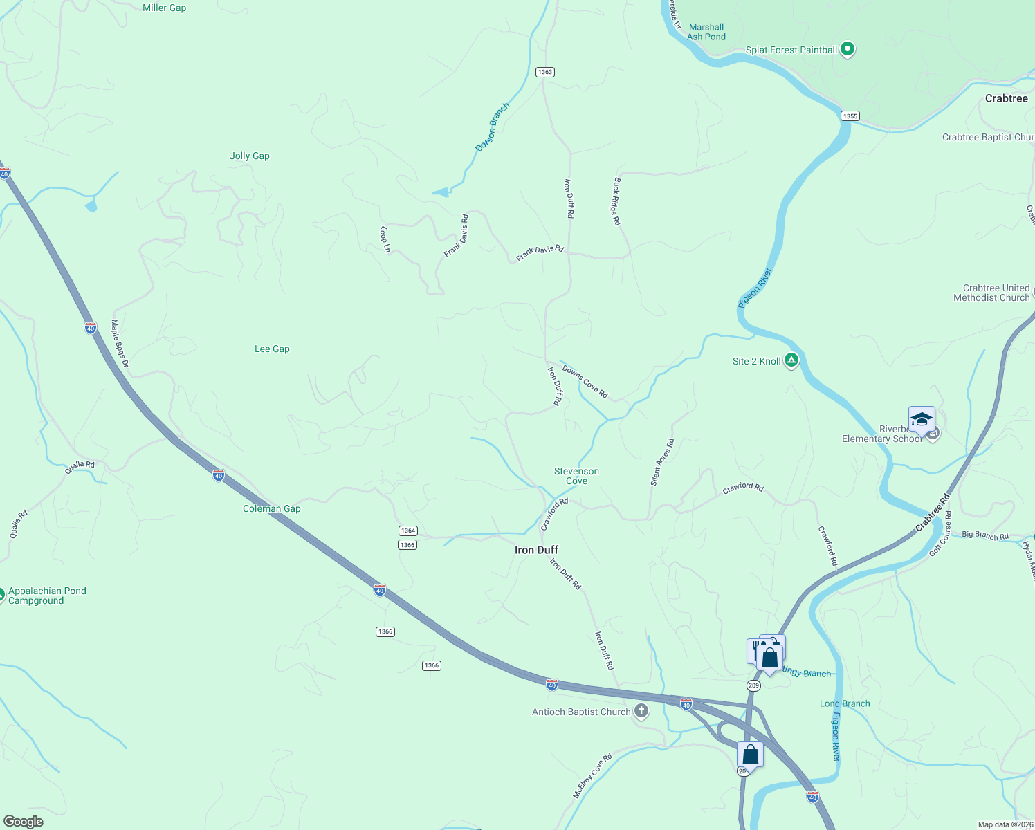 map of restaurants, bars, coffee shops, grocery stores, and more near 1714 Iron Duff Road in Waynesville