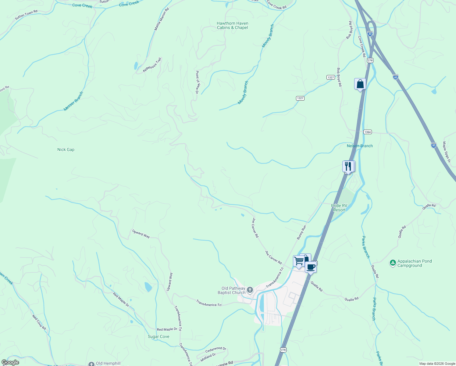 map of restaurants, bars, coffee shops, grocery stores, and more near 401 Owens Road in Waynesville