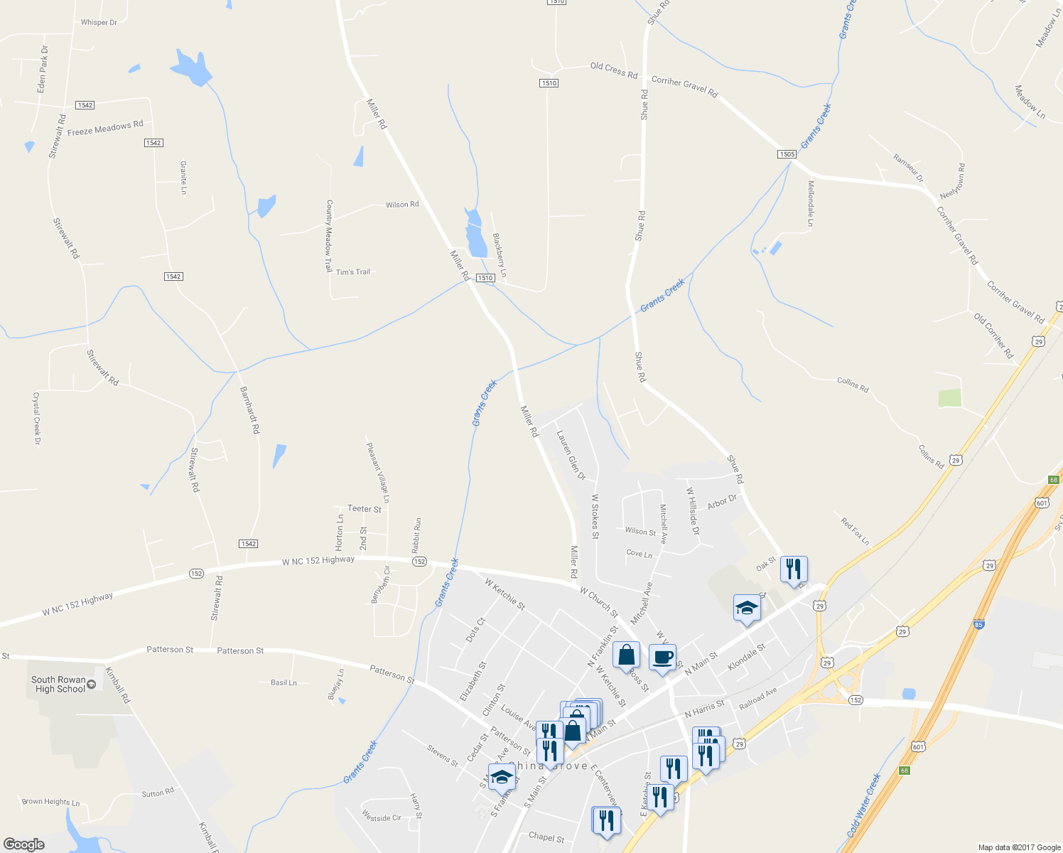 map of restaurants, bars, coffee shops, grocery stores, and more near 670 Miller Road in China Grove