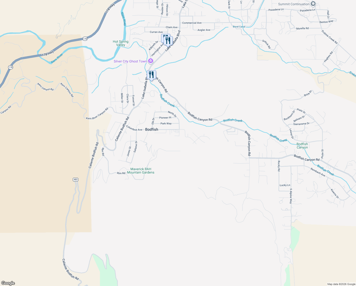 map of restaurants, bars, coffee shops, grocery stores, and more near 637 North Drive in Bodfish
