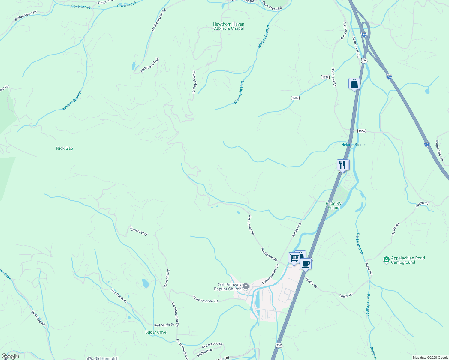 map of restaurants, bars, coffee shops, grocery stores, and more near 401 Owens Road in Waynesville