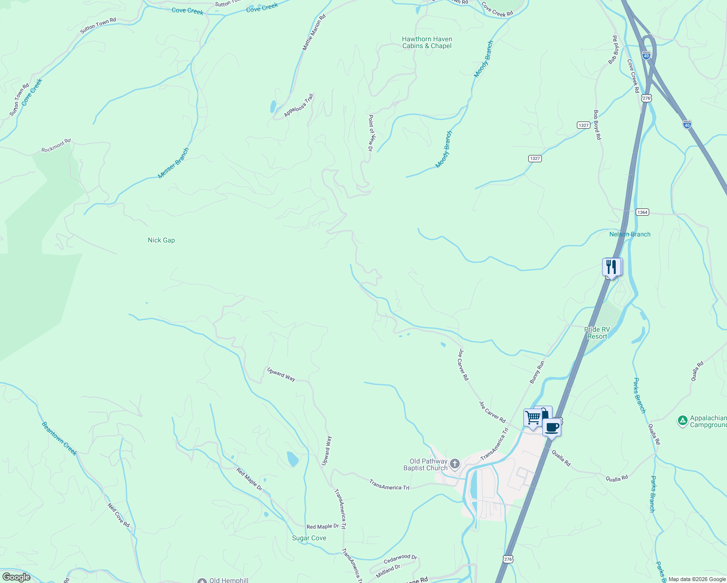 map of restaurants, bars, coffee shops, grocery stores, and more near 1415 Joe Carver Road in Waynesville