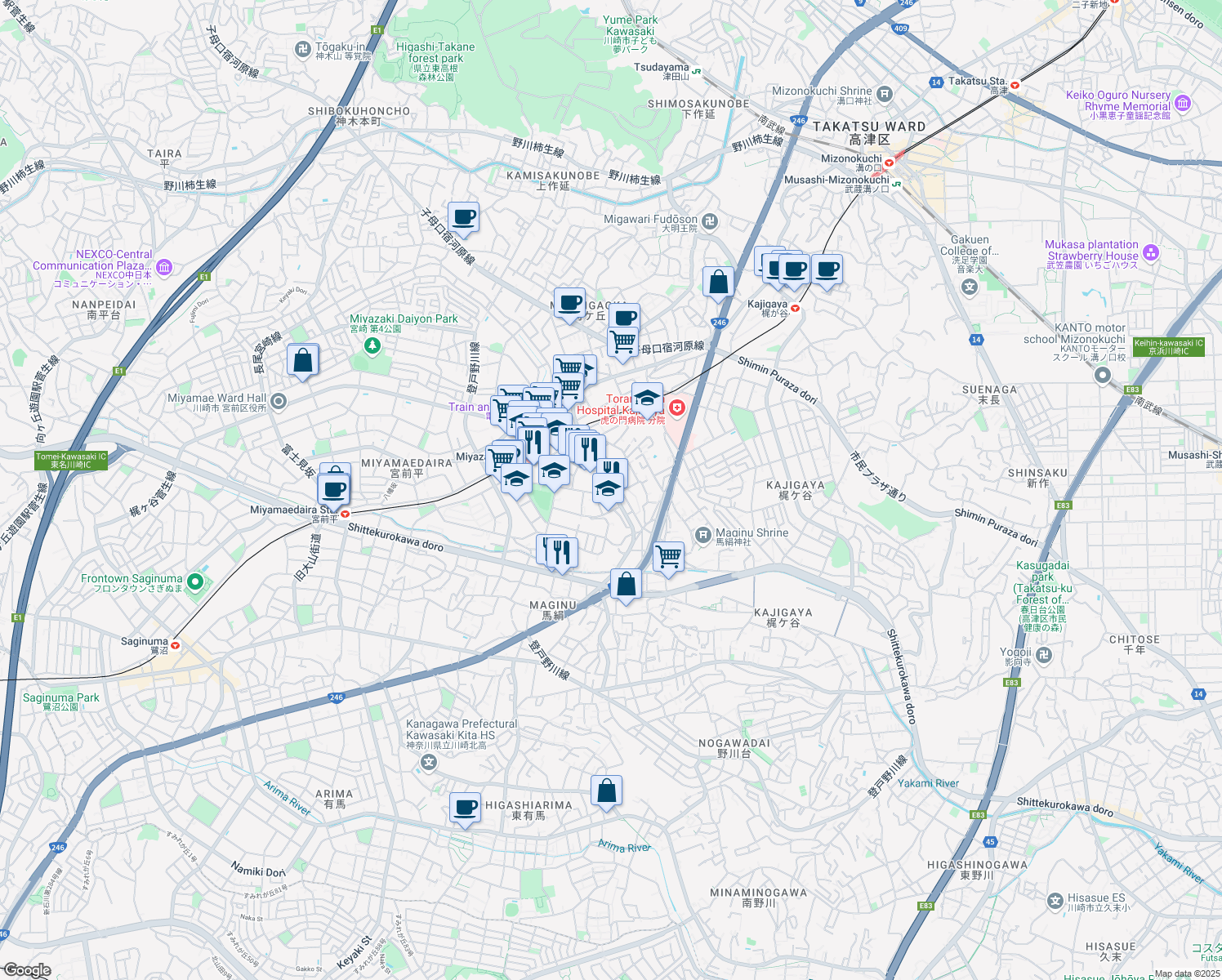 map of restaurants, bars, coffee shops, grocery stores, and more near in Kawasaki