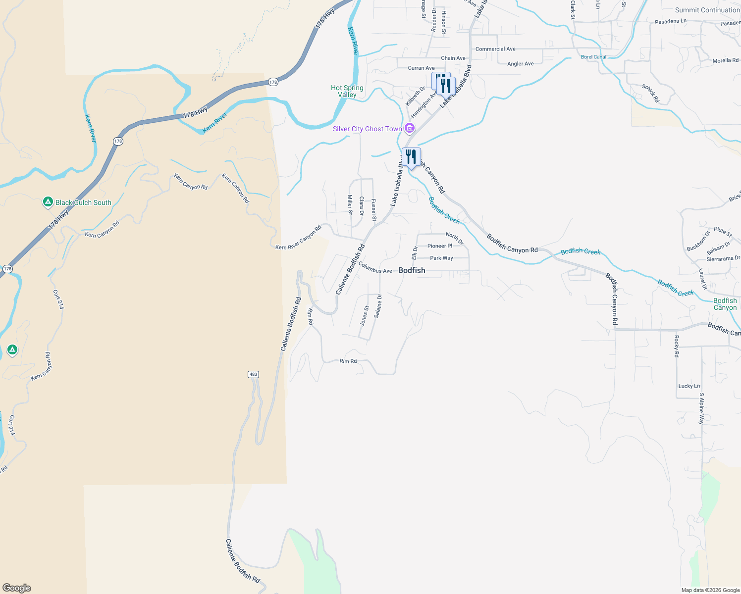 map of restaurants, bars, coffee shops, grocery stores, and more near 102 Salaine Drive in Bodfish