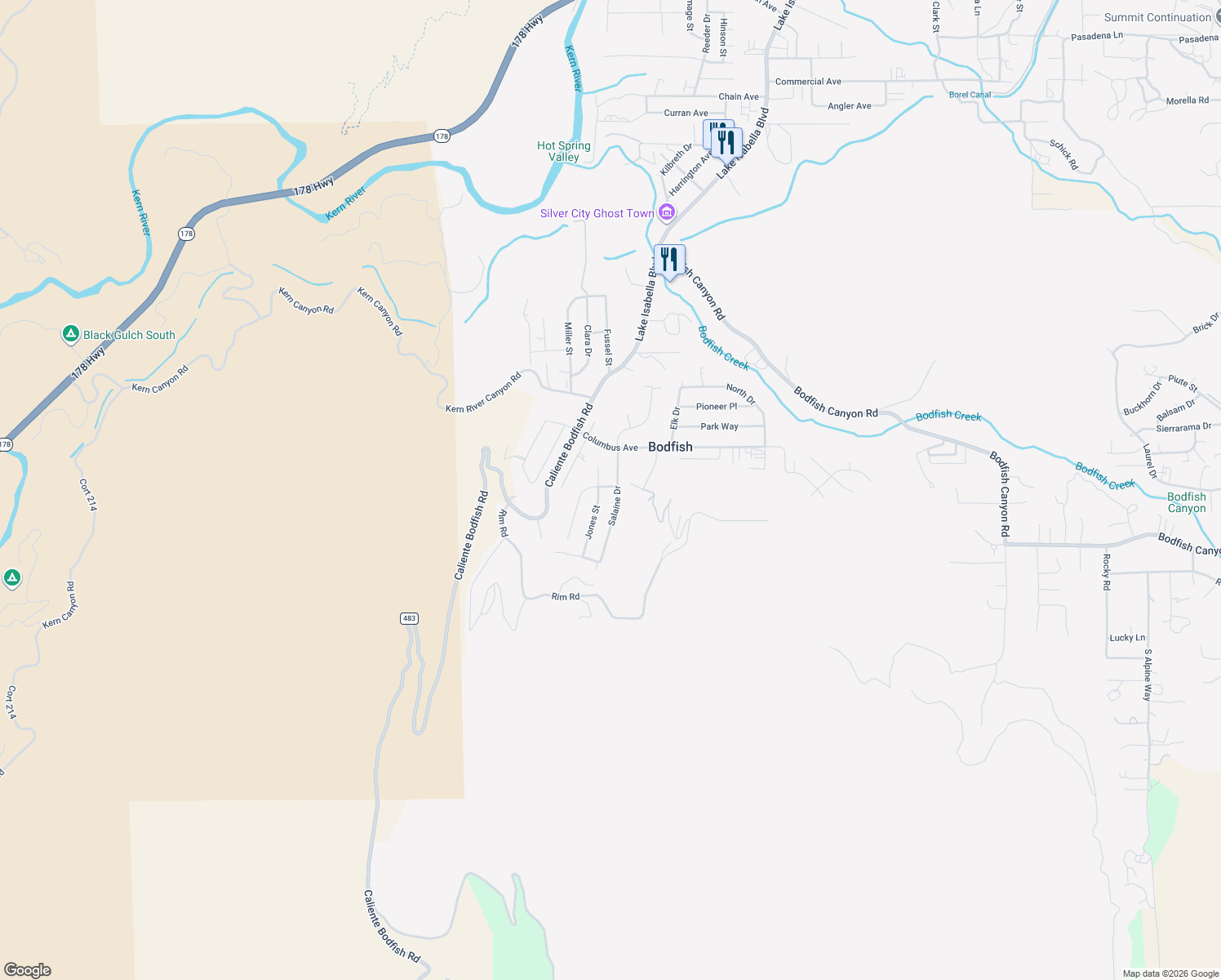 map of restaurants, bars, coffee shops, grocery stores, and more near 102 Salaine Drive in Bodfish