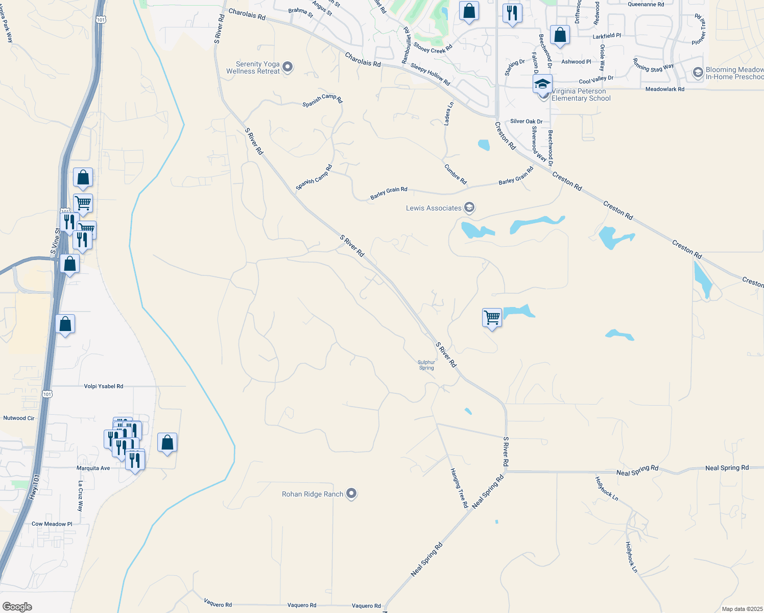 map of restaurants, bars, coffee shops, grocery stores, and more near 2525 Warm Springs Lane in Templeton