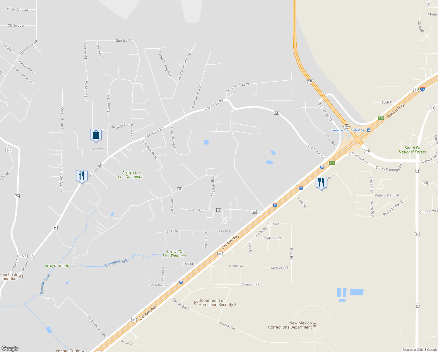 map of restaurants, bars, coffee shops, grocery stores, and more near 69 Las Estrellas in Santa Fe