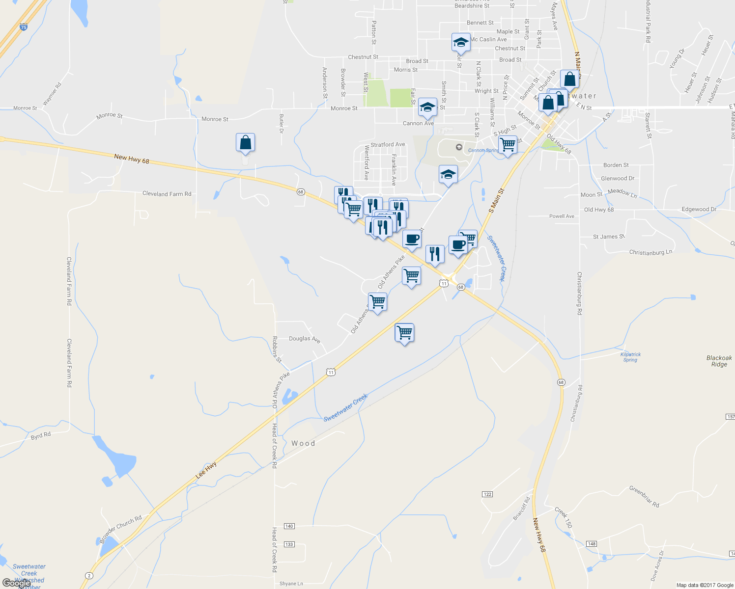 map of restaurants, bars, coffee shops, grocery stores, and more near 148 Old Athens Pike in Sweetwater