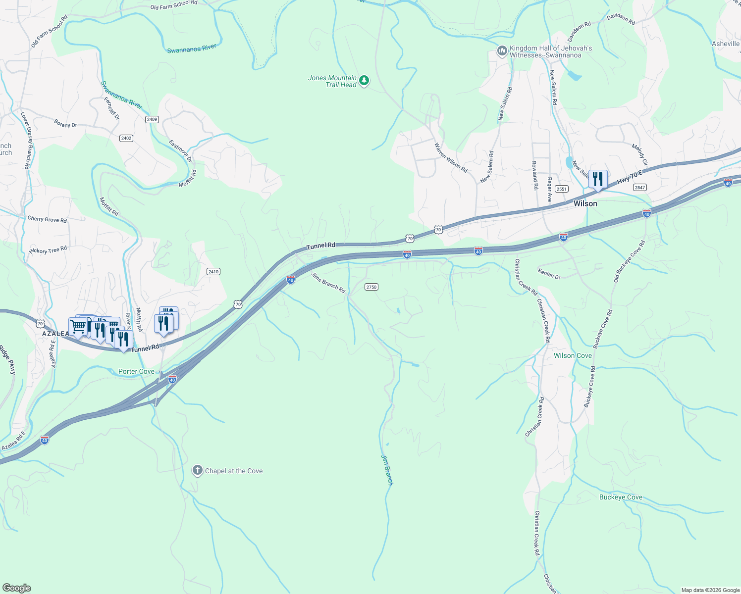 map of restaurants, bars, coffee shops, grocery stores, and more near 10 Spring Cove Road in Swannanoa