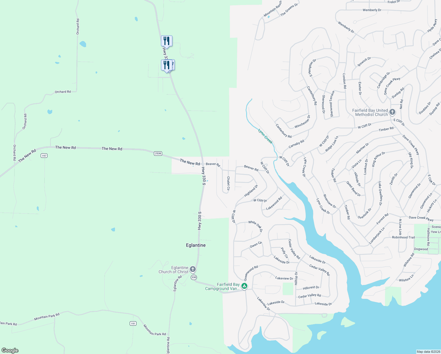 map of restaurants, bars, coffee shops, grocery stores, and more near 245 Chalet Circle in Fairfield Bay