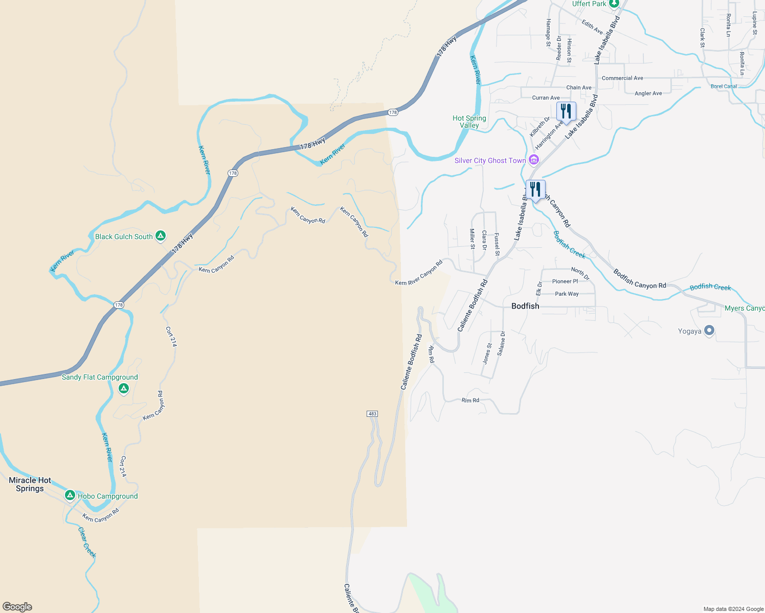 map of restaurants, bars, coffee shops, grocery stores, and more near 0 North Drive in Bodfish