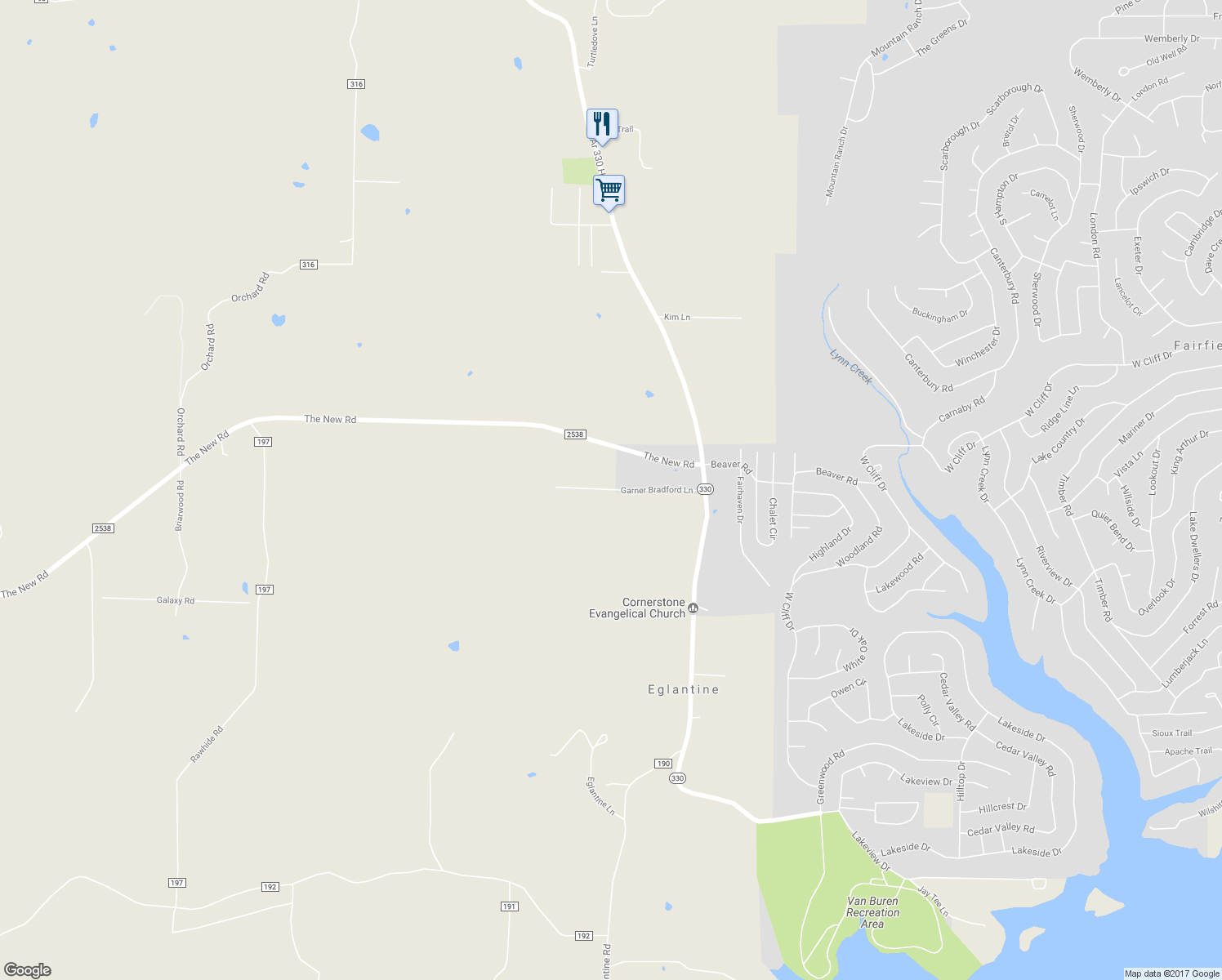 map of restaurants, bars, coffee shops, grocery stores, and more near 296 Garner Bradford Lane in Shirley