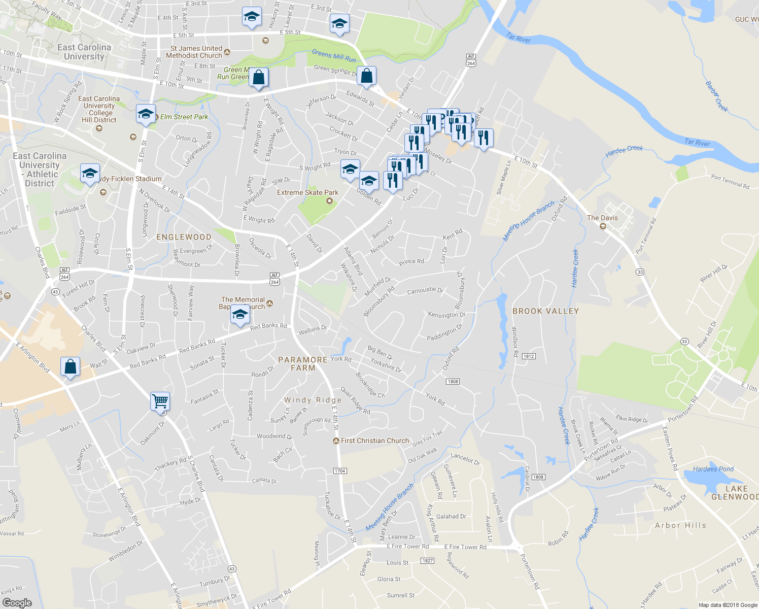 map of restaurants, bars, coffee shops, grocery stores, and more near 1610 Bloomsbury Road in Greenville