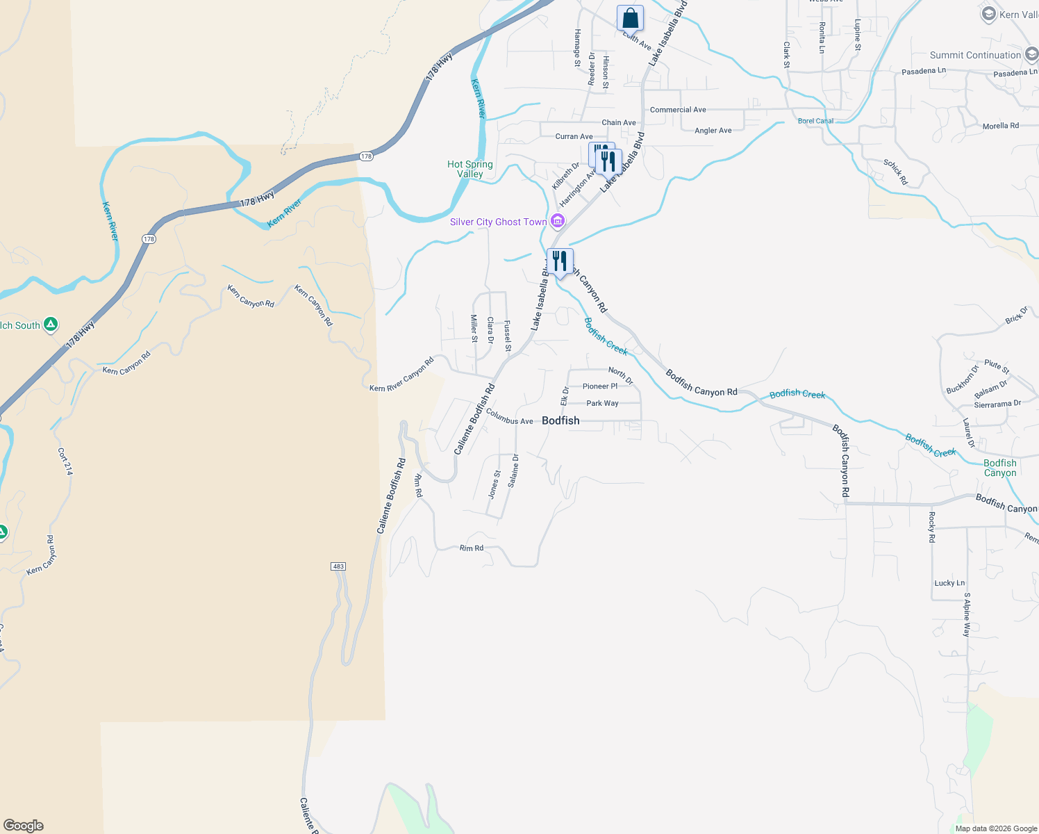 map of restaurants, bars, coffee shops, grocery stores, and more near 201 Columbus Avenue in Bodfish