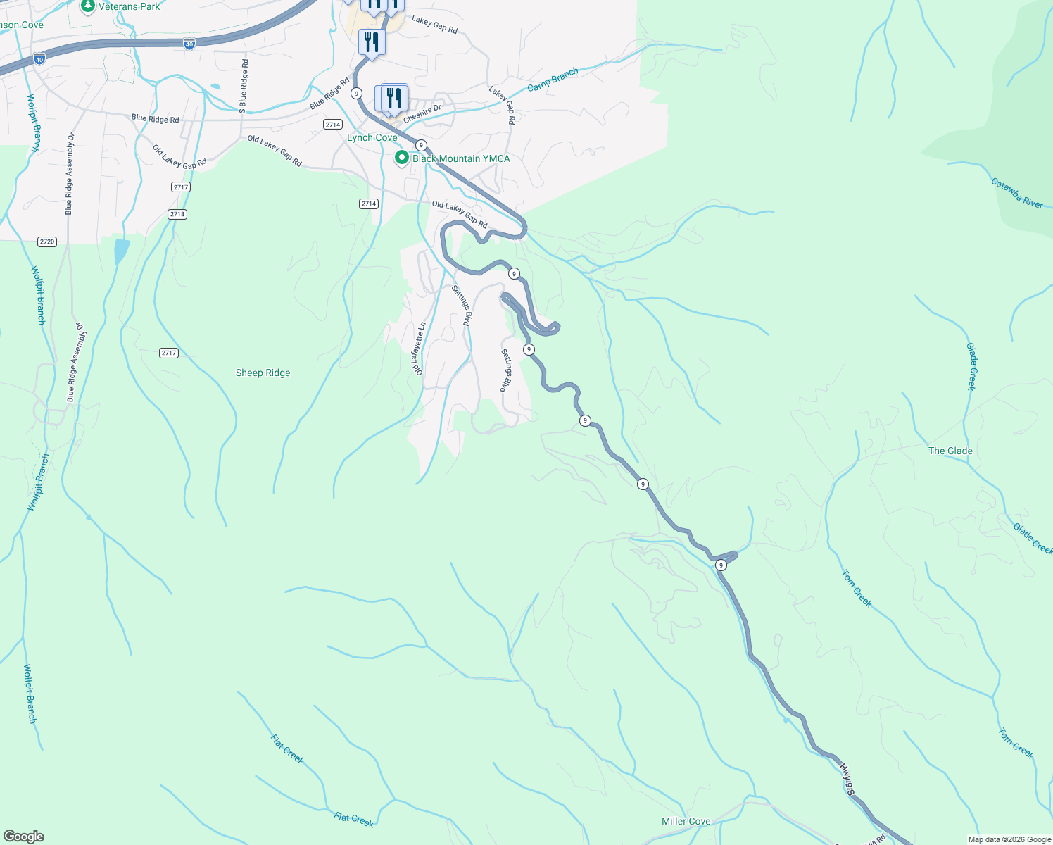 map of restaurants, bars, coffee shops, grocery stores, and more near 26 Crockett Ridge Road in Black Mountain