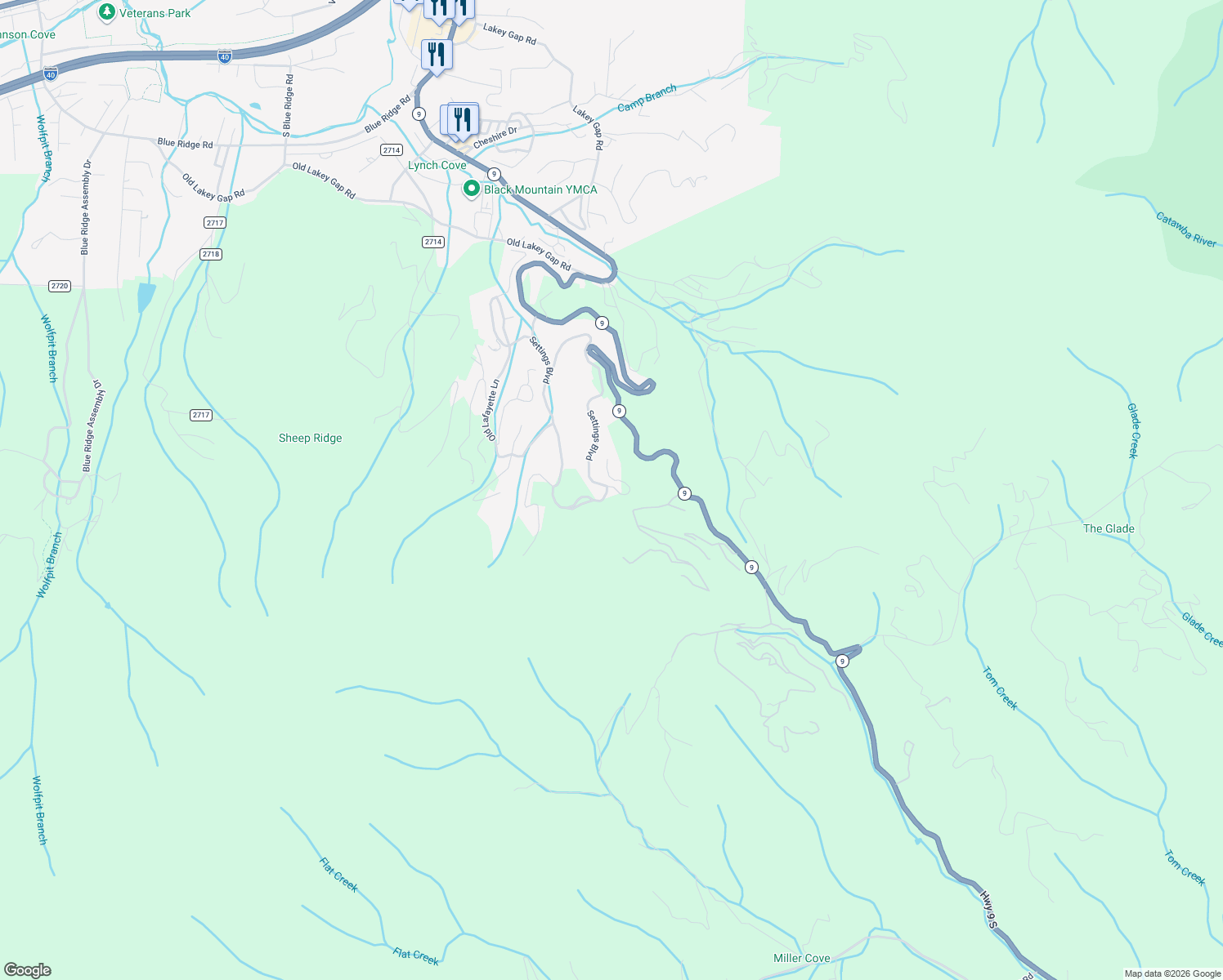 map of restaurants, bars, coffee shops, grocery stores, and more near 26 Crockett Ridge Road in Black Mountain