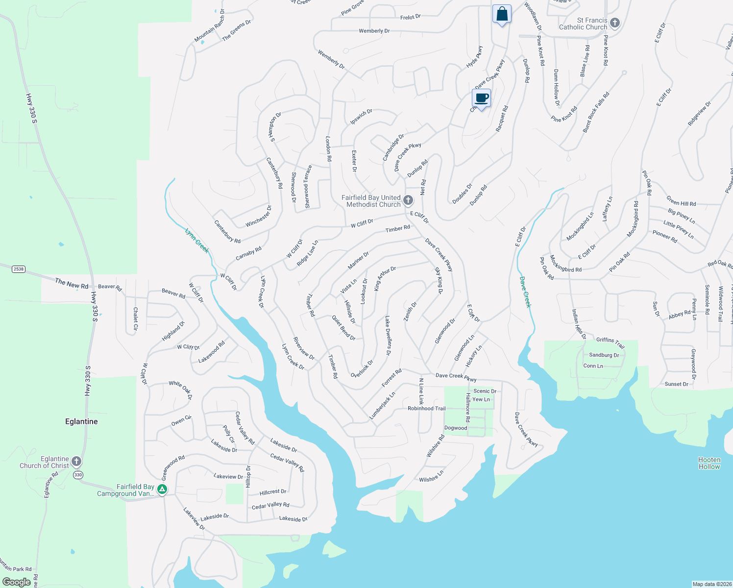 map of restaurants, bars, coffee shops, grocery stores, and more near 150 Lookout Drive in Fairfield Bay