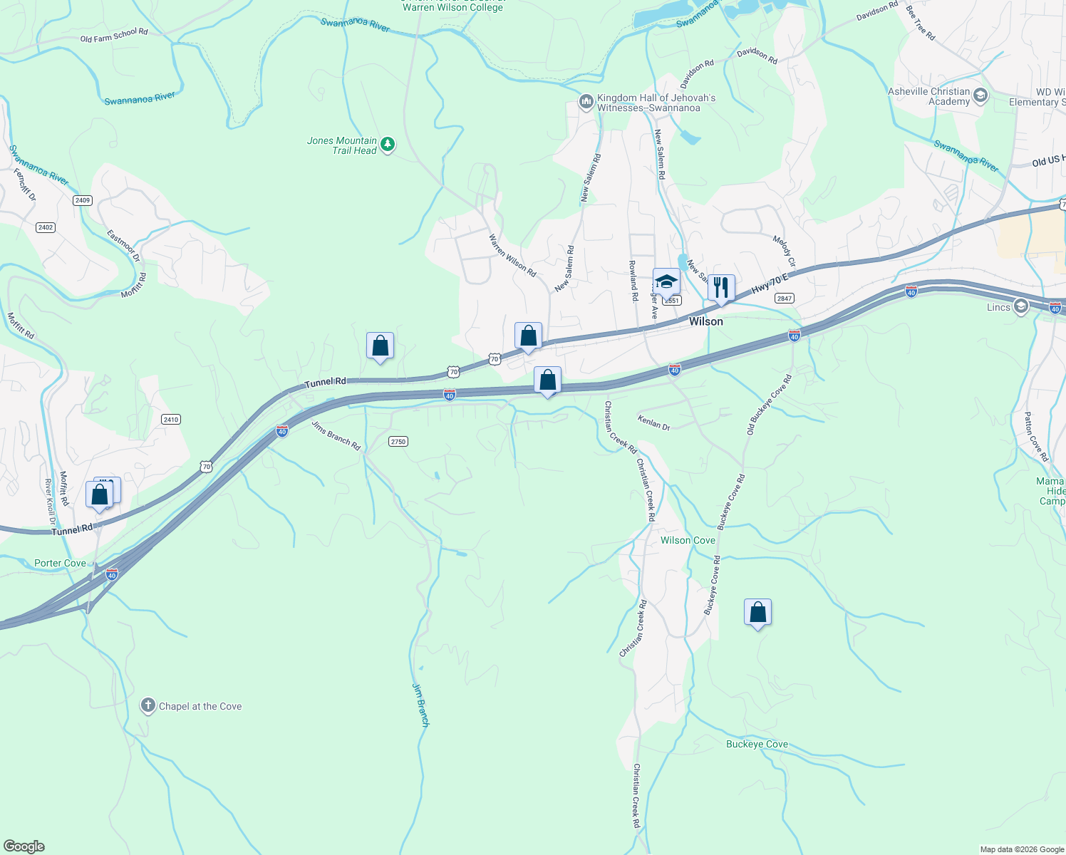 map of restaurants, bars, coffee shops, grocery stores, and more near 302 Golden Aster Road in Swannanoa