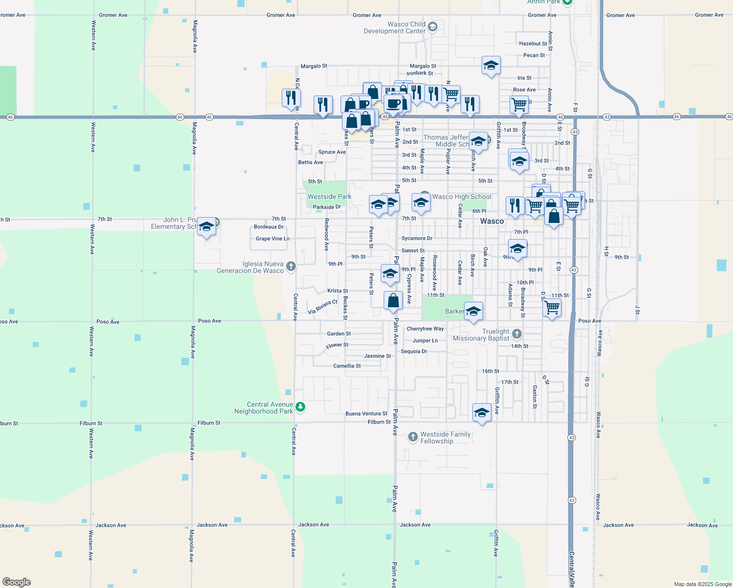 map of restaurants, bars, coffee shops, grocery stores, and more near 2333 Krista Street in Wasco