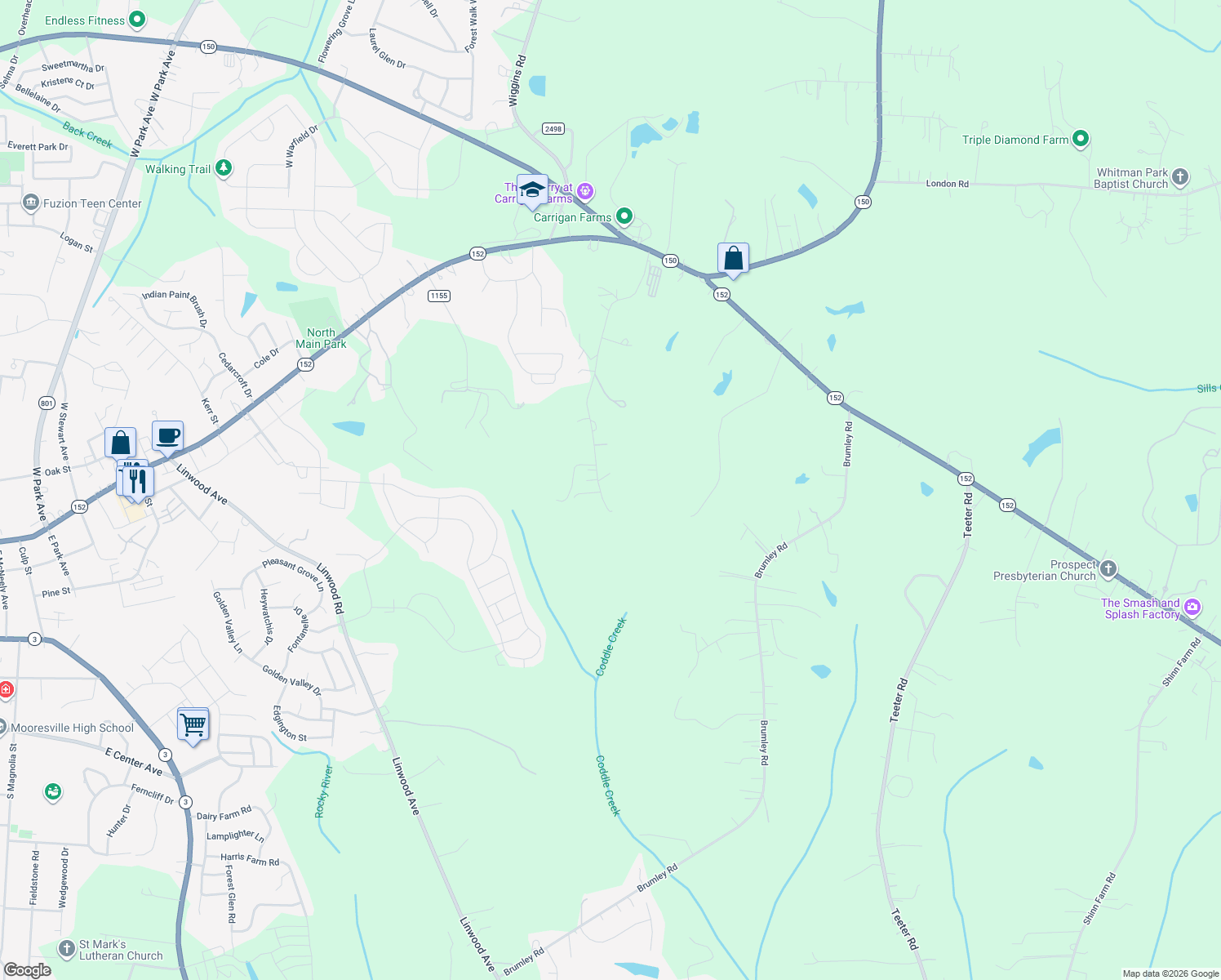 map of restaurants, bars, coffee shops, grocery stores, and more near 299 Alexander Acres Road in Mooresville