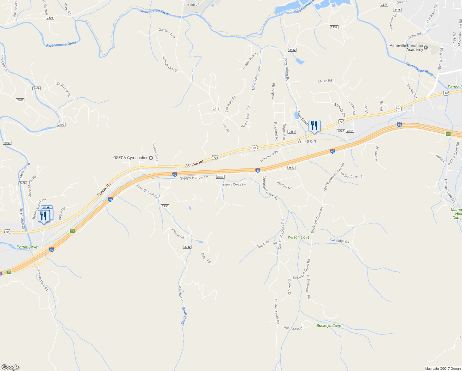 map of restaurants, bars, coffee shops, grocery stores, and more near 302 Golden Aster Road in Swannanoa