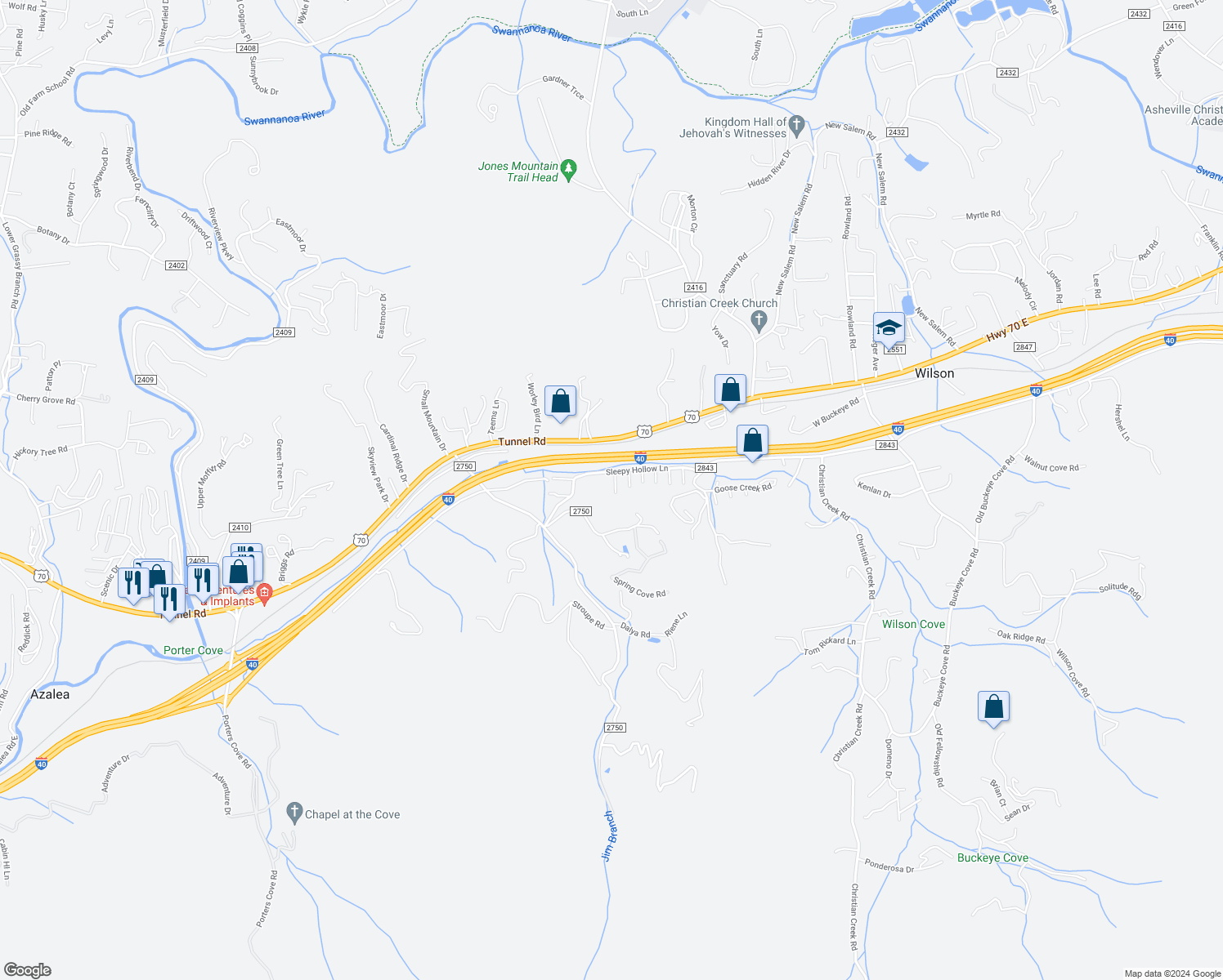 map of restaurants, bars, coffee shops, grocery stores, and more near 21 Bridgestone Road in Swannanoa