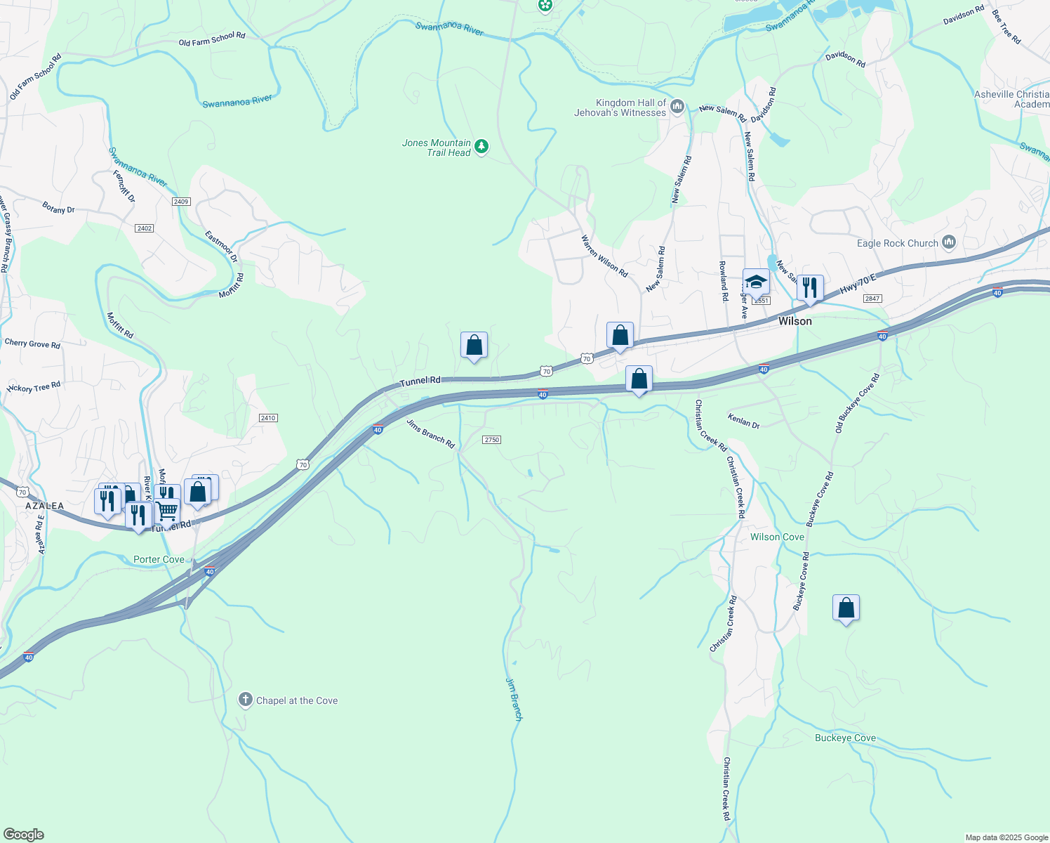 map of restaurants, bars, coffee shops, grocery stores, and more near 18 Bridgestone Road in Swannanoa