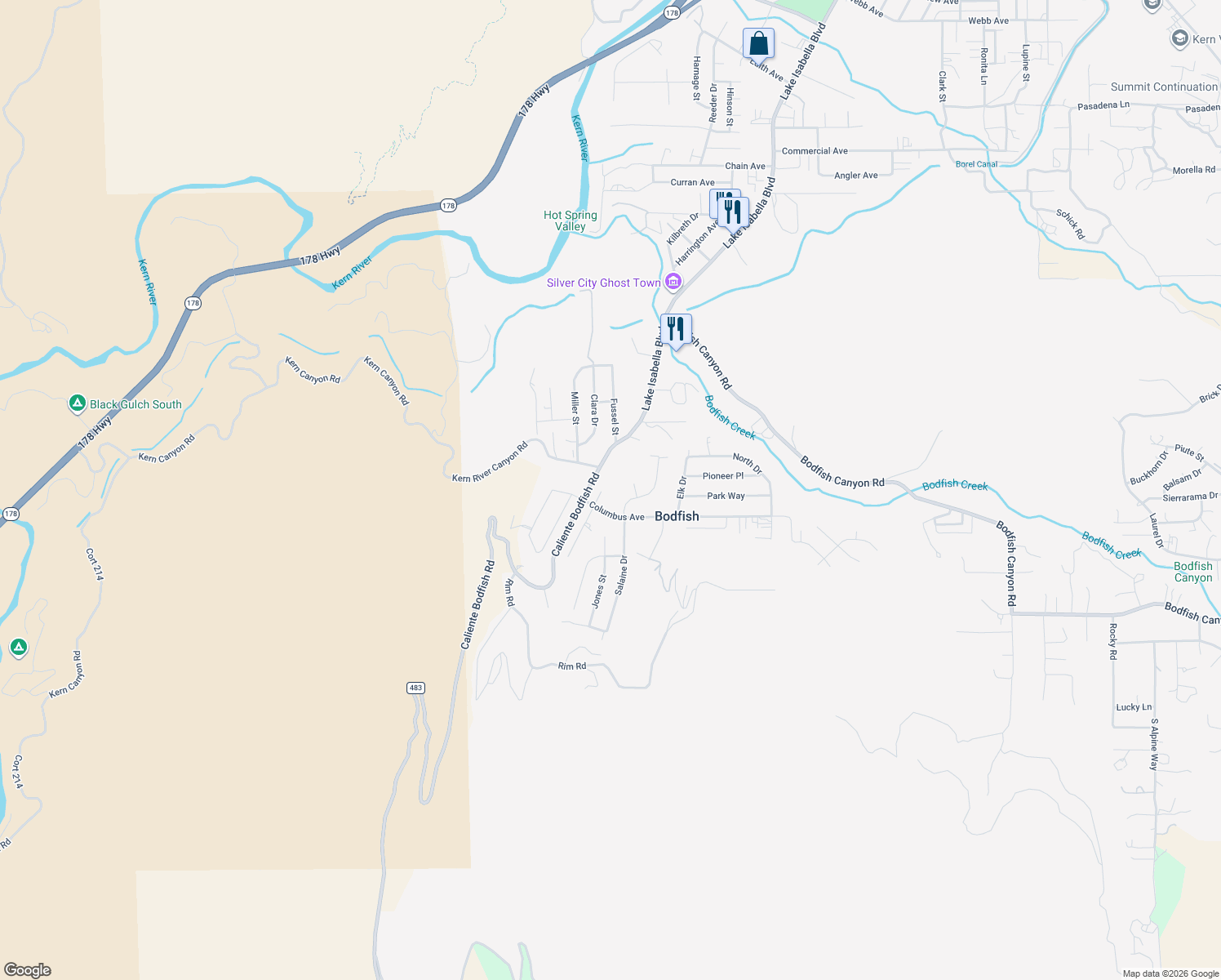 map of restaurants, bars, coffee shops, grocery stores, and more near 21 North Salaine Drive in Bodfish