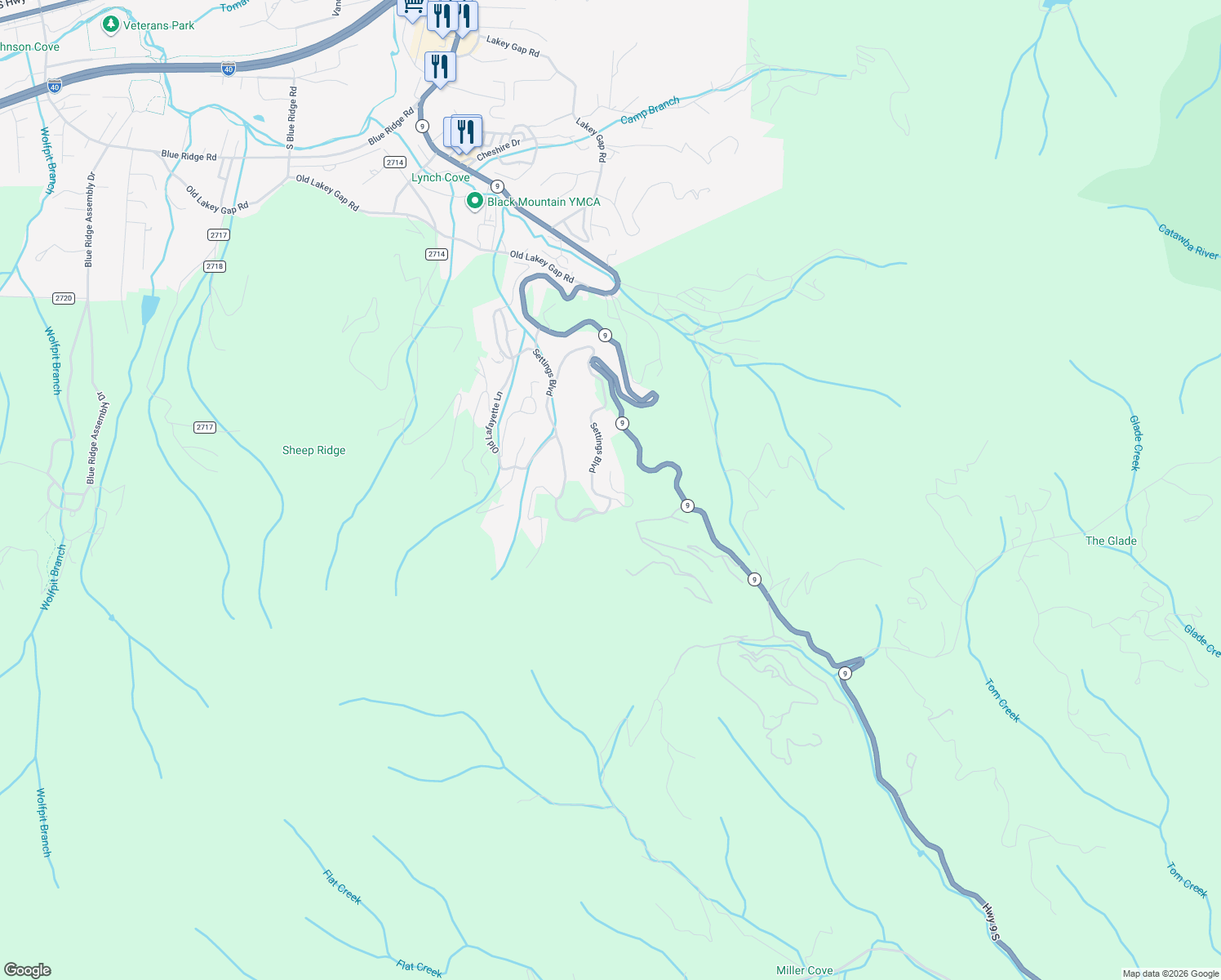 map of restaurants, bars, coffee shops, grocery stores, and more near 26 Crockett Ridge Rd in Black Mountain