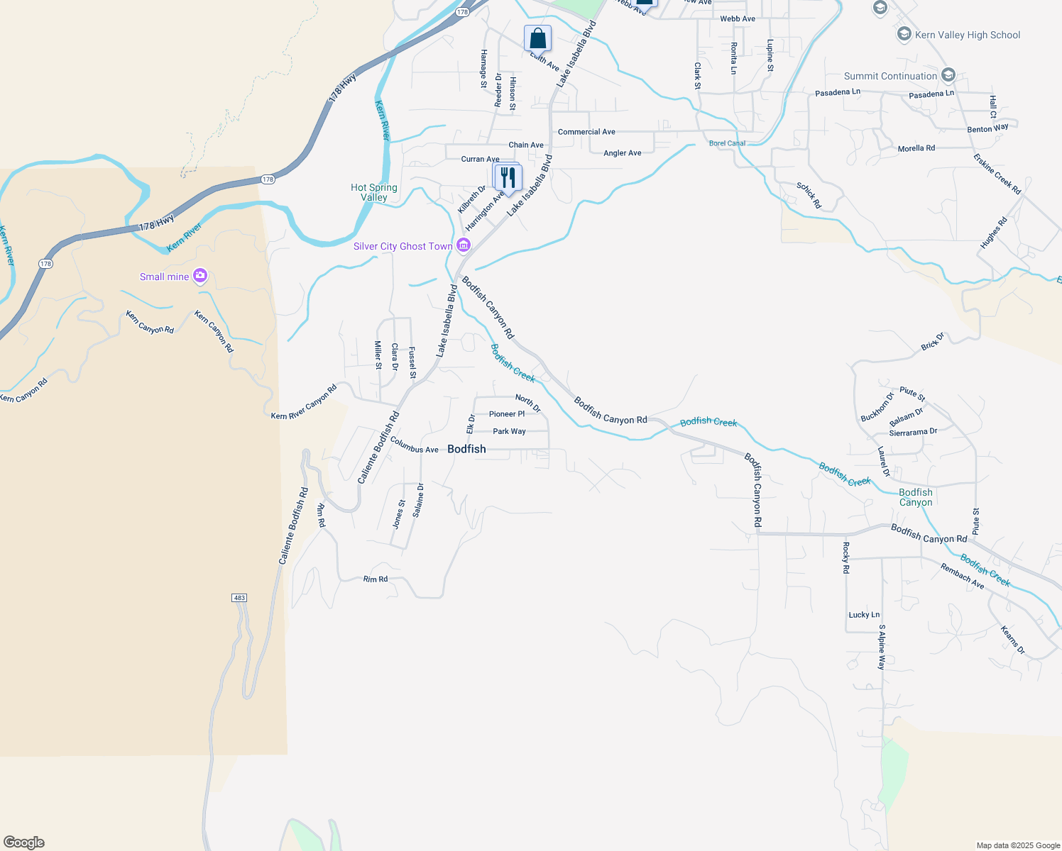 map of restaurants, bars, coffee shops, grocery stores, and more near 413 Park Way in Bodfish