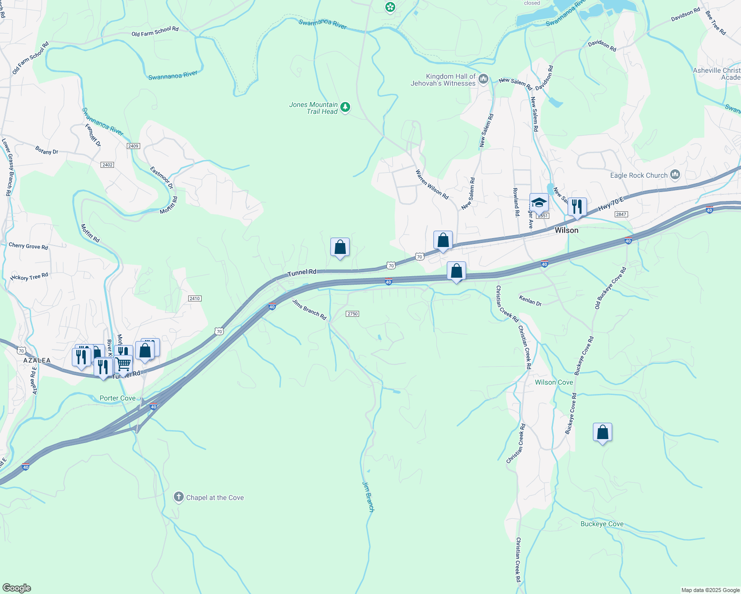 map of restaurants, bars, coffee shops, grocery stores, and more near 11 Bridgestone Road in Swannanoa