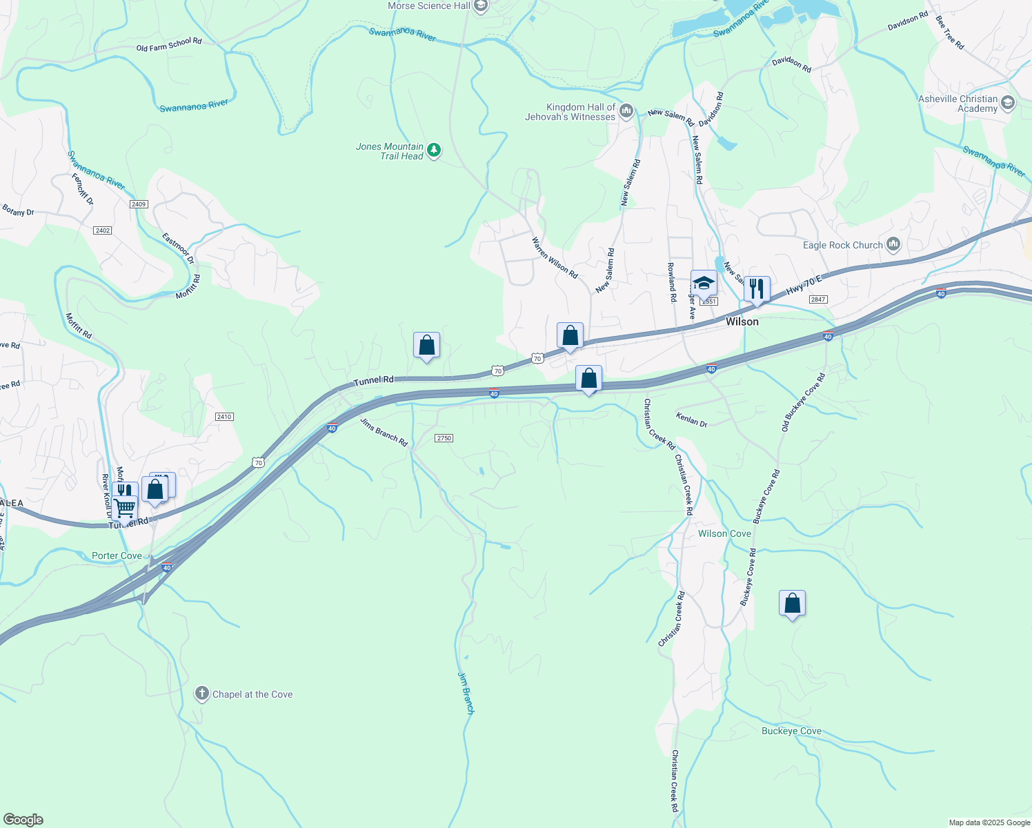 map of restaurants, bars, coffee shops, grocery stores, and more near 35 Sleepy Hollow Lane in Swannanoa