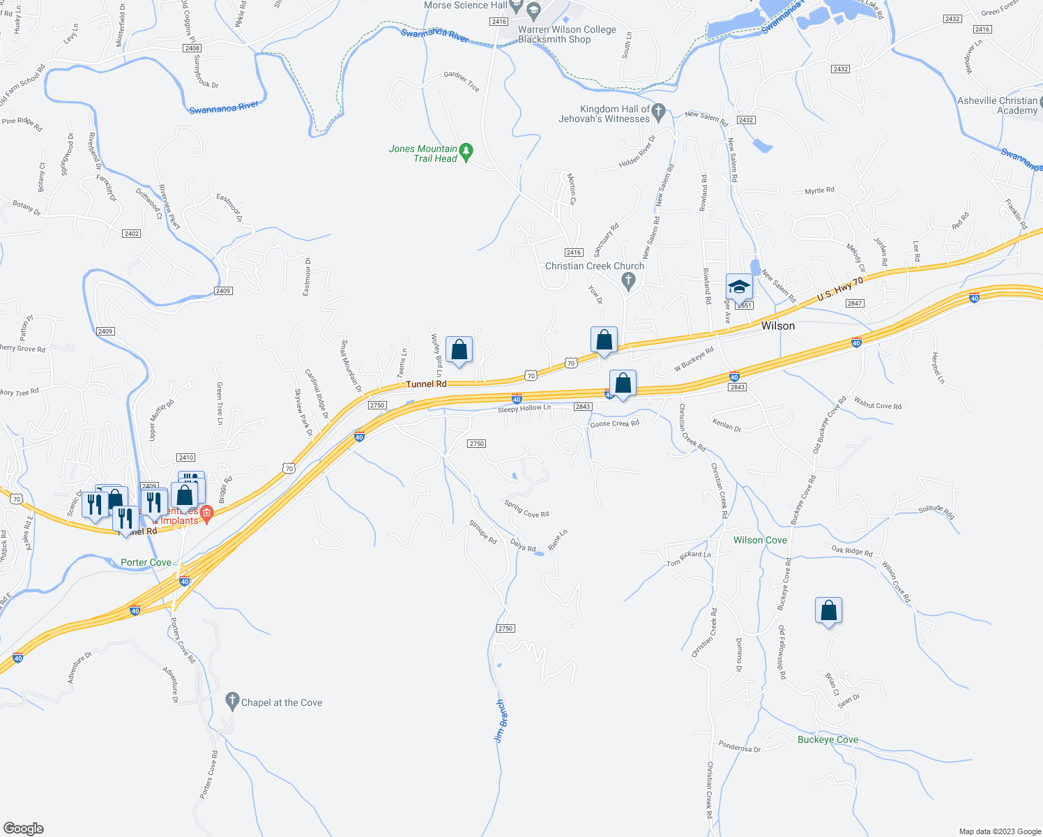 map of restaurants, bars, coffee shops, grocery stores, and more near 112 Loch Haven Road in Swannanoa