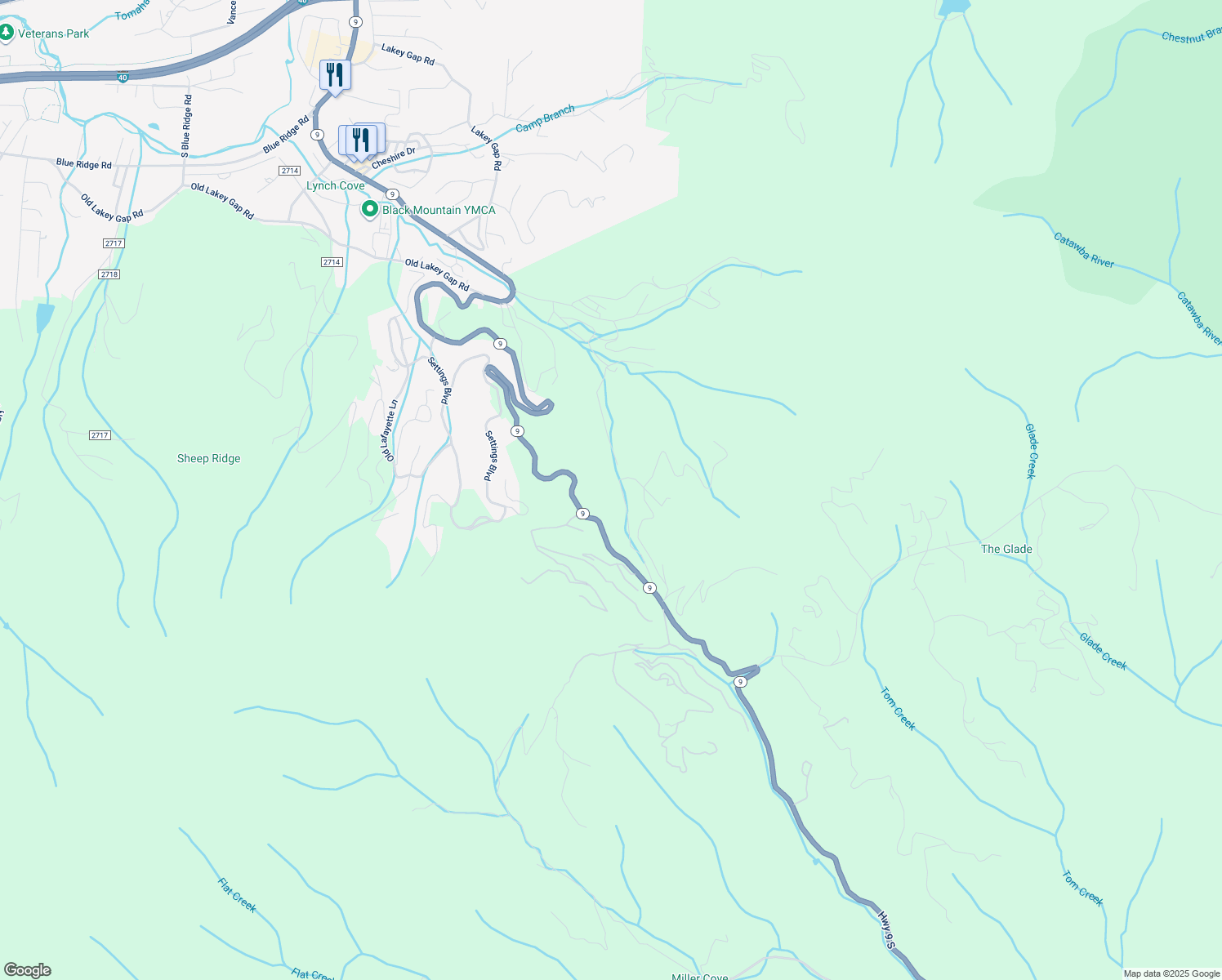 map of restaurants, bars, coffee shops, grocery stores, and more near Lakey Gap Road in Black Mountain