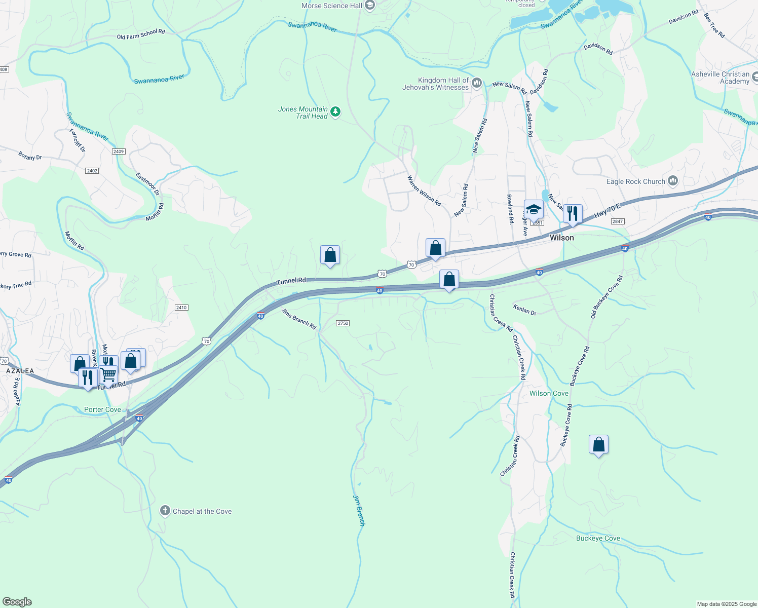 map of restaurants, bars, coffee shops, grocery stores, and more near 209 Pembrook Road in Swannanoa
