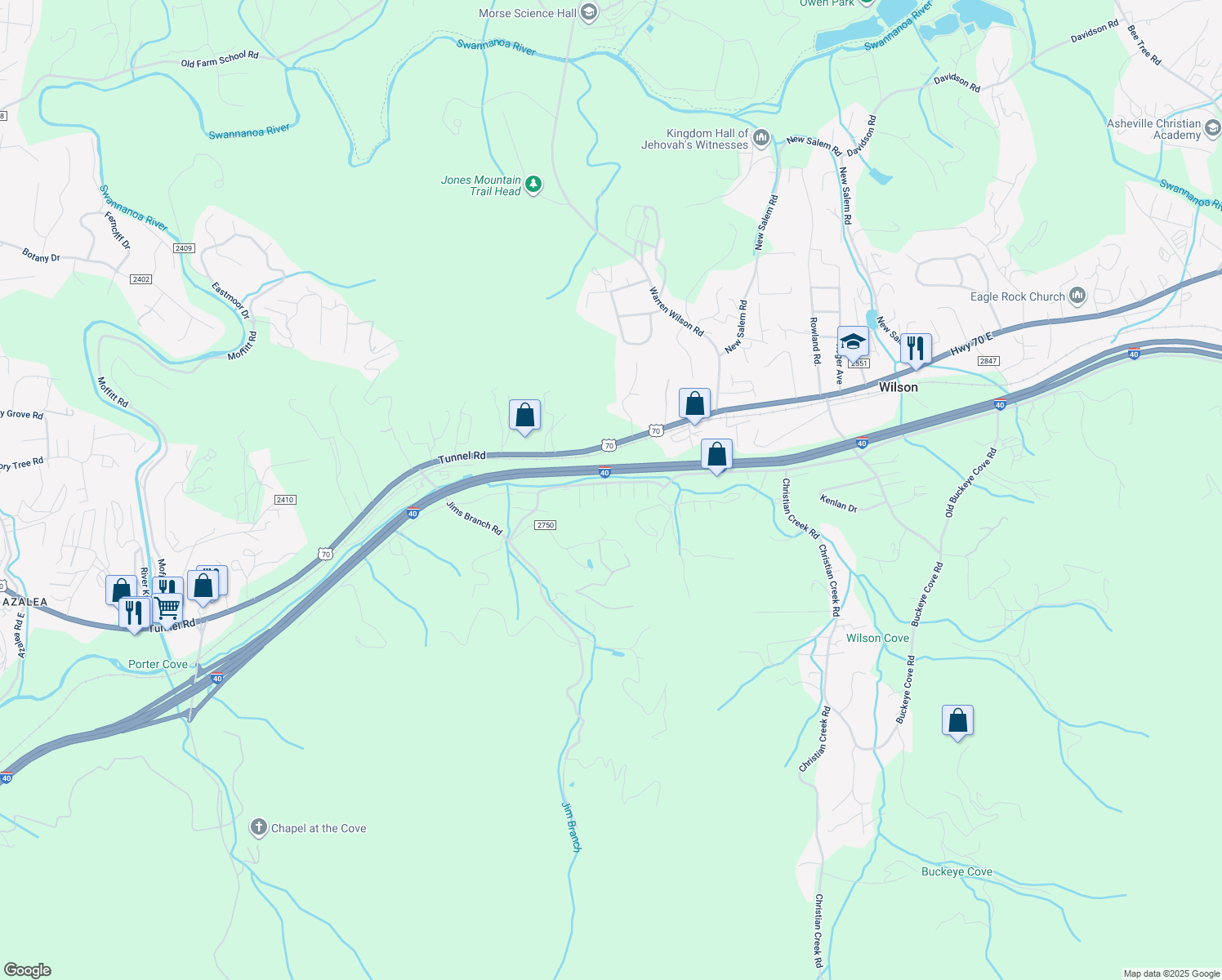 map of restaurants, bars, coffee shops, grocery stores, and more near 204 Pembrook Road in Swannanoa