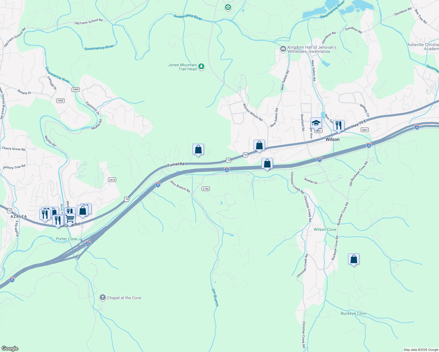map of restaurants, bars, coffee shops, grocery stores, and more near 2 Bridgestone Road in Swannanoa