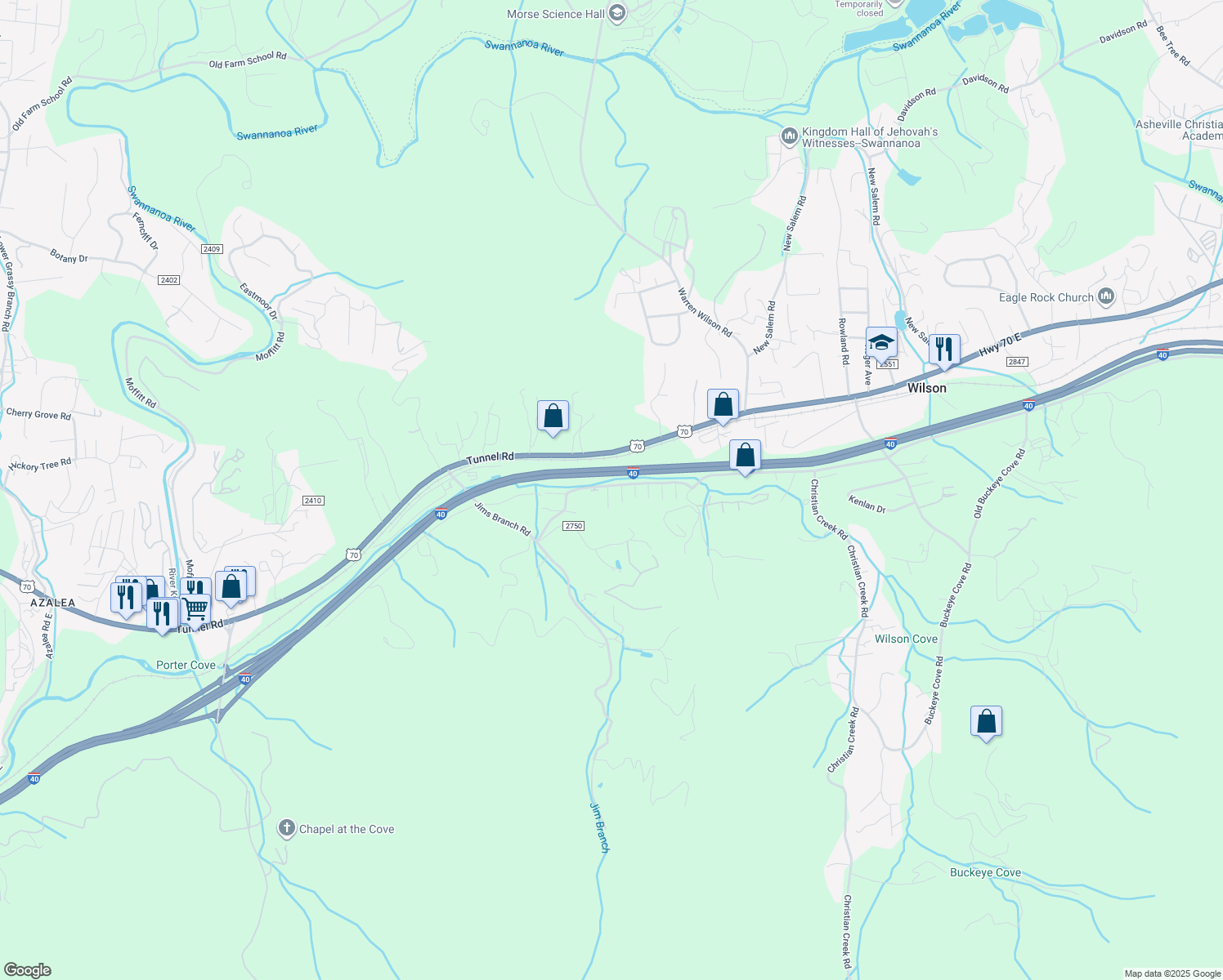 map of restaurants, bars, coffee shops, grocery stores, and more near 18 Bridgestone Road in Swannanoa