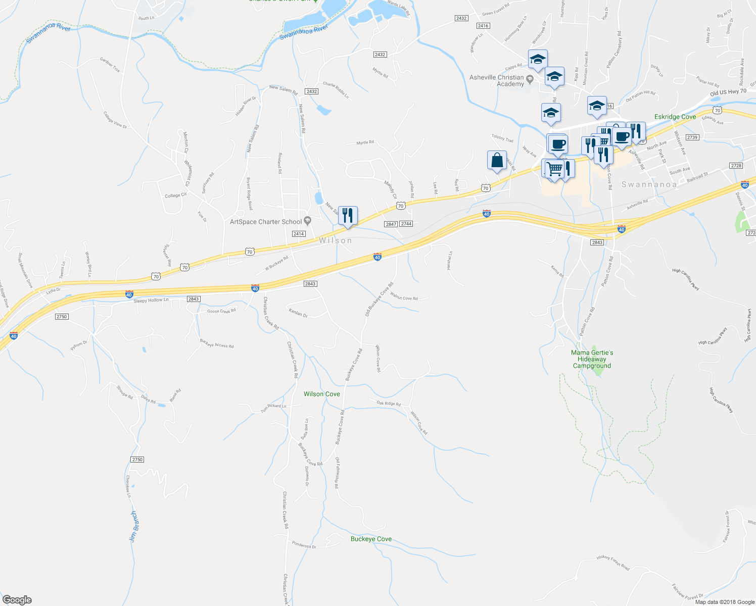 map of restaurants, bars, coffee shops, grocery stores, and more near 418 Old Buckeye Cove Road in Swannanoa