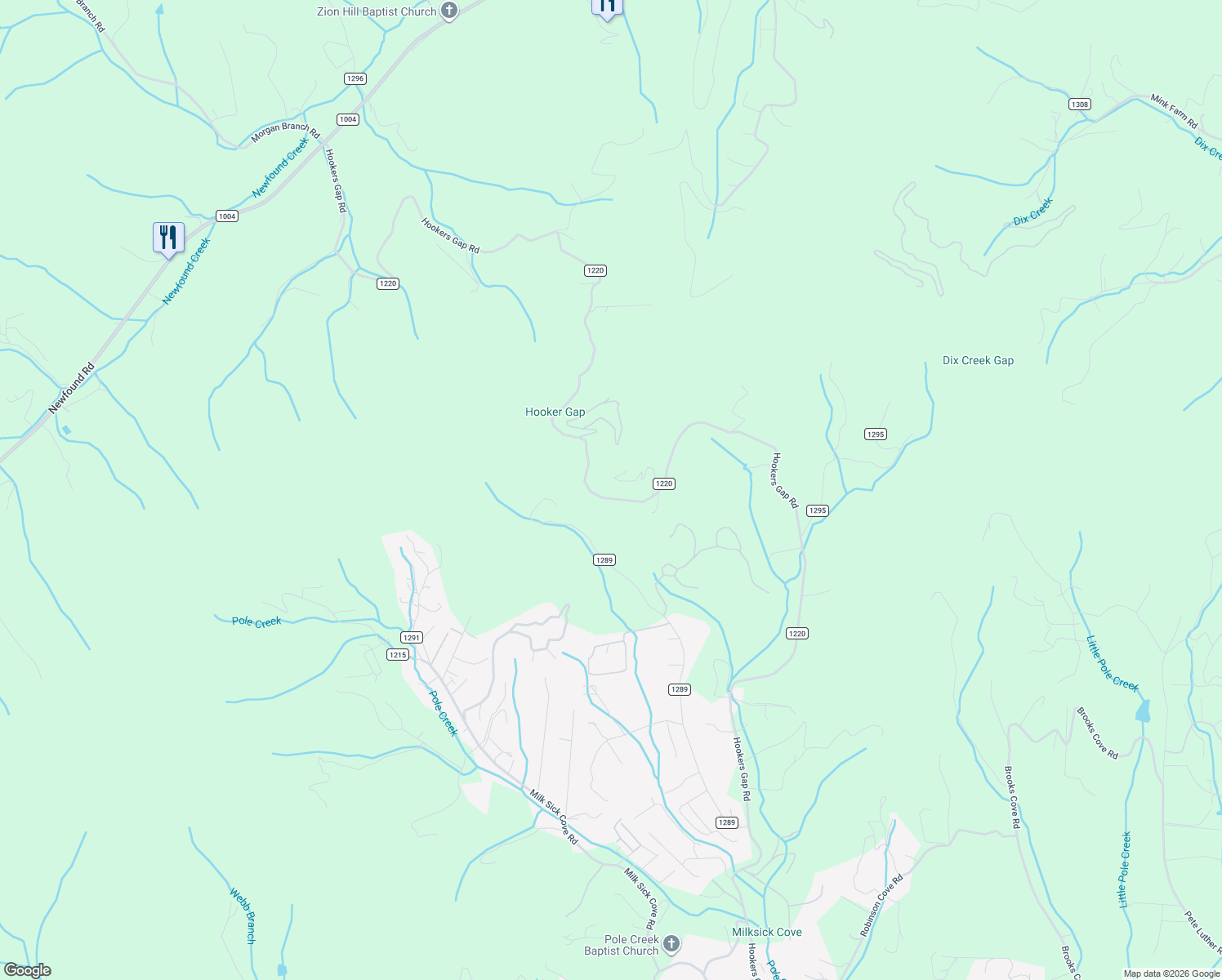 map of restaurants, bars, coffee shops, grocery stores, and more near 430 Hookers Gap Road in Candler