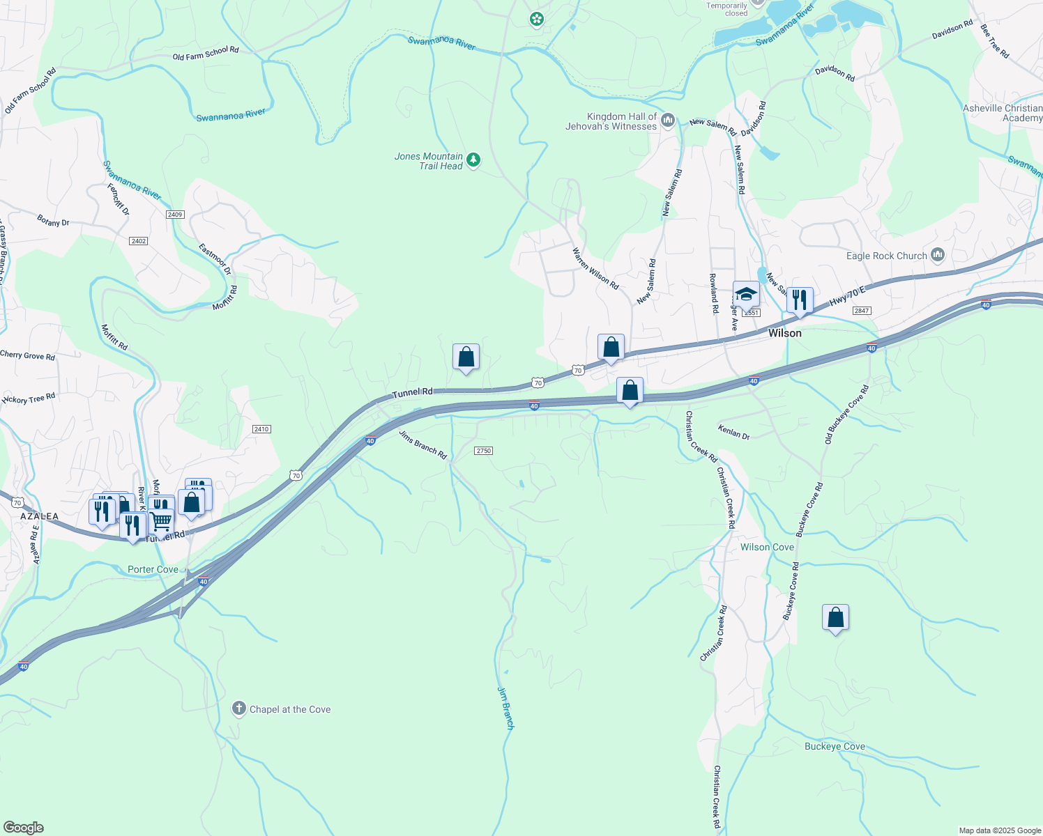 map of restaurants, bars, coffee shops, grocery stores, and more near 18 Bridgestone Road in Swannanoa